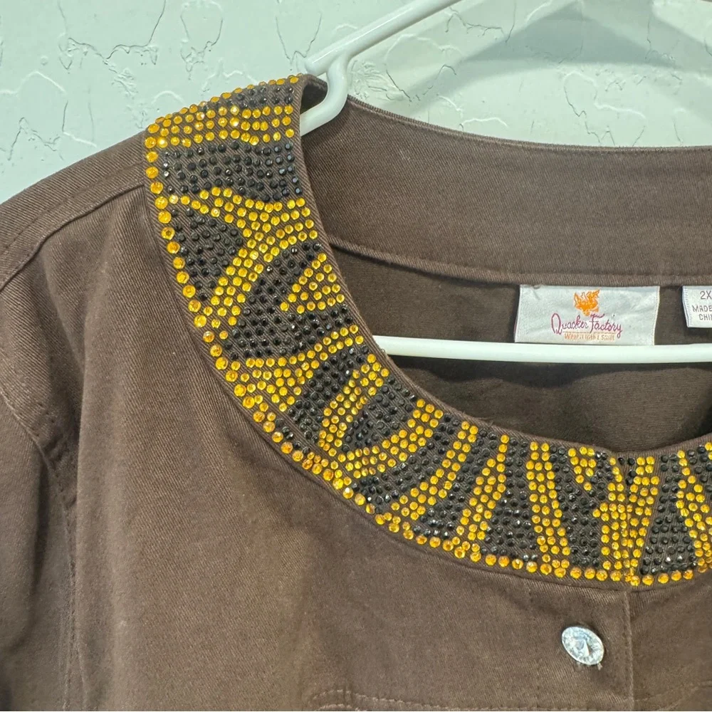 Quacker Factory Rhinestone Jacket Womens 2x Gems Long Sleeves Artsy Art to Wear